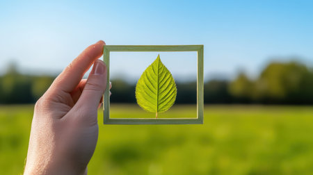 Autumn leaf held up to frame a summer meadow panoramaの素材