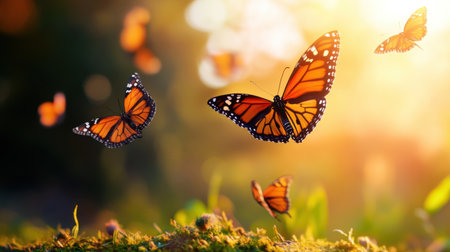 Artistic shot of monarch butterfly soaring with ambient orange backgroundの素材
