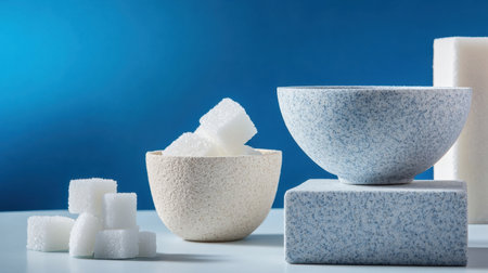 Blue background highlighting white sugar textures and shapes in bowl and cube formの素材