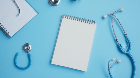 Blue medical background with analytical graph, spiral notebook, and stethoscopeの素材