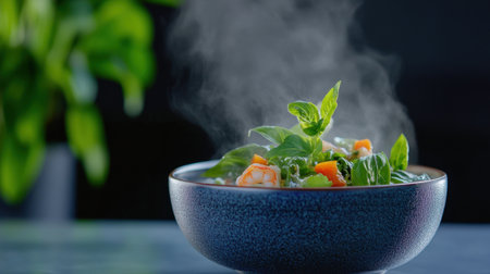 Bowl of hot shrimp soup with spicy aroma, rich creamy coconut texture, and garnishesの素材