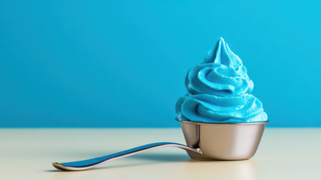 Beautiful food styling with vivid blue whipped cream swirl on shiny spoon, minimalist settingの素材
