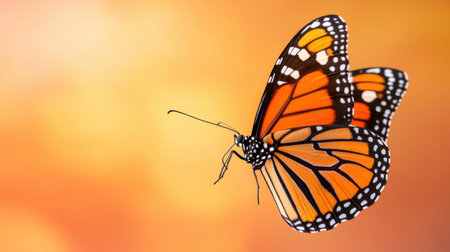 Butterfly flying delicately, wings detailed and crisp, framed by soft glowing orangeの素材