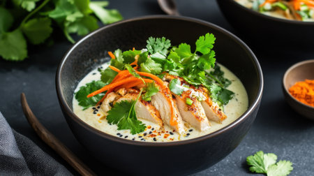 Chicken in creamy curry sauce with coconut essence and fresh spice toppingの素材