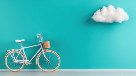 Clean design of white bicycle and a single puffy cloud on turquoise blueの素材