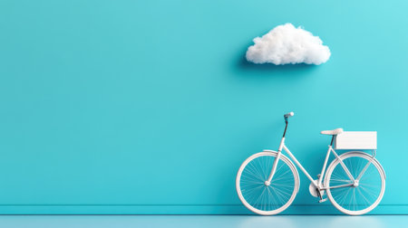 Clean design of white bicycle and a single puffy cloud on turquoise blueの素材