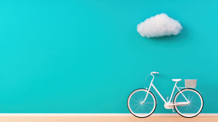 Clean design of white bicycle and a single puffy cloud on turquoise blueの素材