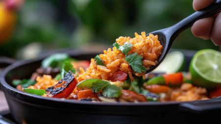 Close-up of spicy rice with grilled veggies, lime wedge on the side, warm lightingの素材