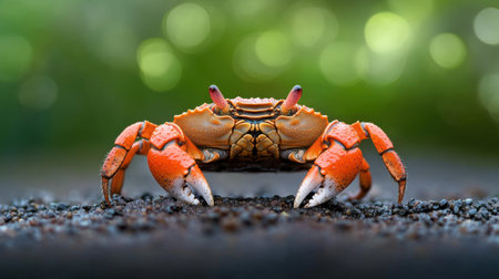 Close-up of crab with textured shell on wet dark sand, soft green bokeh behindの素材