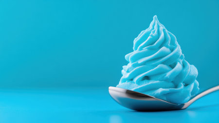 Creamy blue whipped topping on a reflective spoon centered on bold aqua backgroundの素材