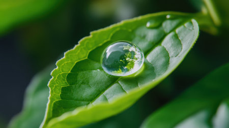 Conceptual image of a transparent droplet forming Earth on a bright green leaf, calling for ecological actionの素材