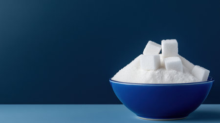 Contrast of white sugar cubes and bowl of powder against rich blue backdropの素材