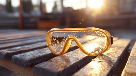 Close-up of safety goggles on industrial bench bathed in evening sun glowの素材