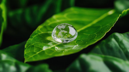 Conceptual image of a transparent droplet forming Earth on a bright green leaf, calling for ecological actionの素材
