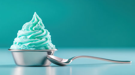 Creamy blue whipped topping on a reflective spoon centered on bold aqua backgroundの素材