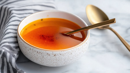 Delicious prawn soup with red chili oil and coconut milk in modern food stylingの素材