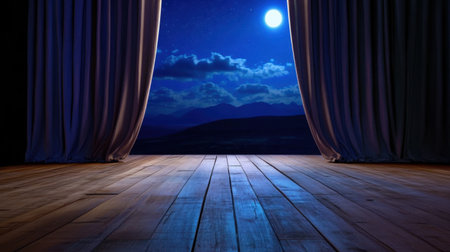 Dramatic starry sky seen through parted curtains, moonlight pouring onto a rustic wooden floorの素材