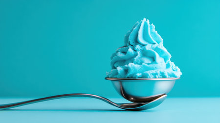 Creamy blue whipped topping on a reflective spoon centered on bold aqua backgroundの素材