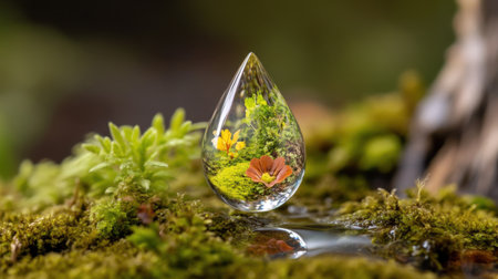 Earth miniaturized inside a clear droplet on a mossy surface, emphasizing climate consciousnessの素材