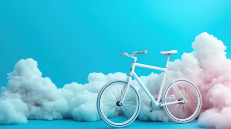 Dreamy cycling moment with white bike hovering below soft clouds in blue spaceの素材