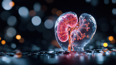 Artistic representation of kidney in 3D, illuminated with scientific accuracy on black canvasの素材