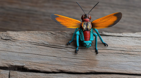 Bright-winged grasshopper perched on old wood plank, displaying its lively huesの素材