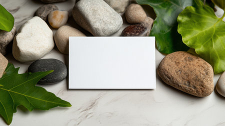 Clean blank card layout with earthy rock textures and vibrant leaf detailsの素材