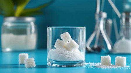 Clean food concept featuring sugar cubes and powder in glass on blue tabletopの素材