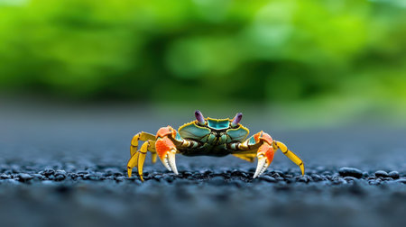Crab in sharp detail on black beach with blurred green foliage in backgroundの素材