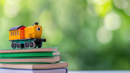 Bright toy train perched on stacked books against a green background, symbolizing early learningの素材