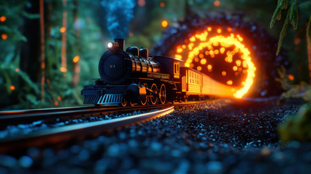 Fiery dimensional gate in the night forest, train shooting out with glowing embersの素材