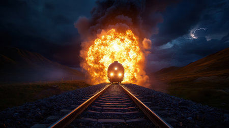 Fiery explosion as train emerges from portal under dark sky, mystical and powerful atmosphereの素材
