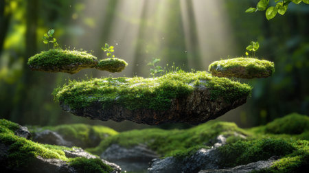 Enchanted forest scene with floating moss islands and sunlight beamsの素材