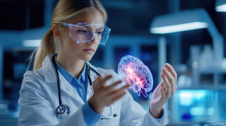 Female doctor using digital interface to project human anatomy hologram from handsの素材