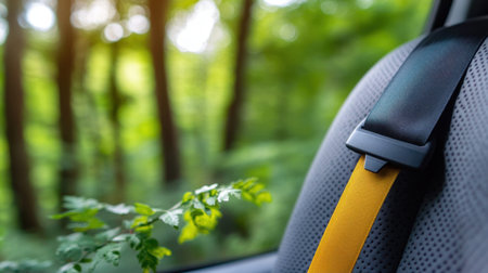 Fastened seatbelt symbolizing safety, contrasted by fresh green outdoor viewの素材
