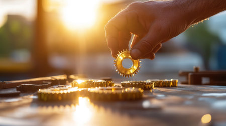 Hand placing gear on table at golden hour, sun flare in backgroundの素材