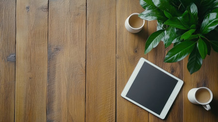 Flat lay with smart tablet, leafy plant, and cup on stylish wooden tableの素材