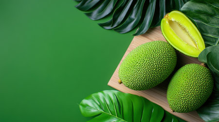 Fresh green jackfruit in nature-inspired setting with leaf elementsの素材