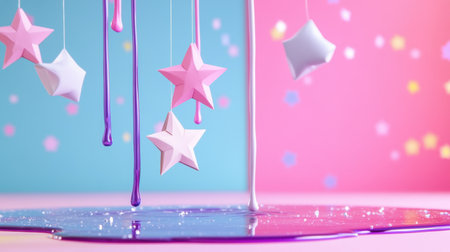 Glossy melting pastel liquid pooling with paper stars suspended midair on bold neon backgroundの素材