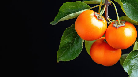 Freshly picked persimmons with stems and leaves, vibrant against dark backdropの素材