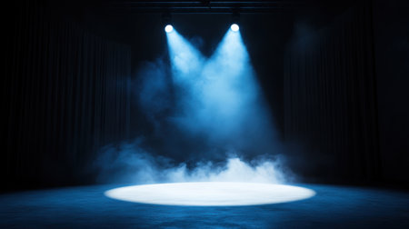 Foggy stage scene with glowing spotlight in center, shadows and haze aroundの素材