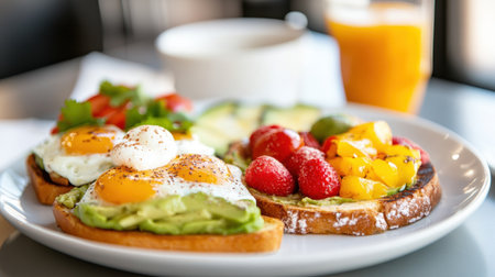 Healthy breakfast setup featuring assorted avocado toast with bright ingredientsの素材