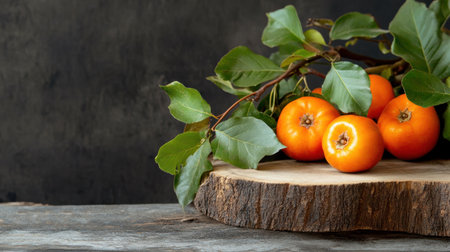 Glossy persimmons with leafy stems presented in a rustic, natural arrangementの素材