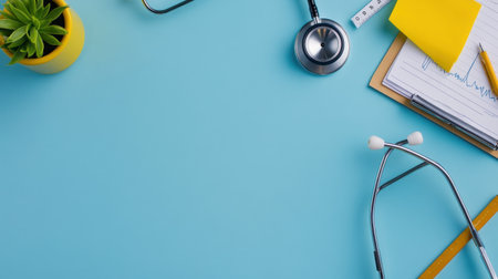 Healthcare planning concept with stethoscope, notes, and graph on blue deskの素材