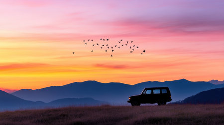 Horizon aglow as birds pass above a resting car silhouetteの素材