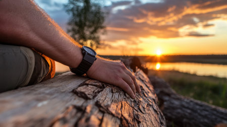 Gear in hand resting on rustic wood, warm sunset painting the skyの素材