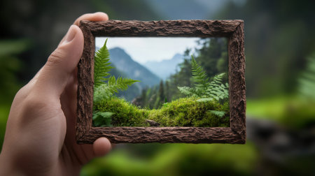 Hand-crafted leaf frame with forest hills in perfect natural focusの素材