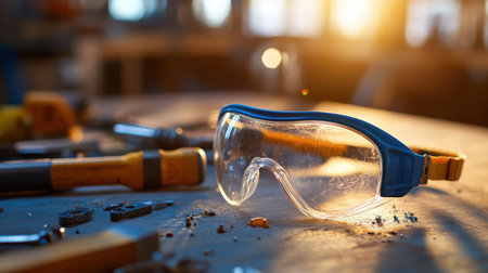 Industrial goggles resting on tools with warm sunset light casting shadowsの素材