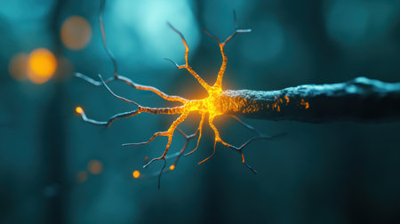 Glowing orange neuron structure branching across moody backgroundの素材
