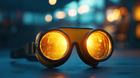 Industrial goggles with fading daylight behind, soft shadows stretching forwardの素材